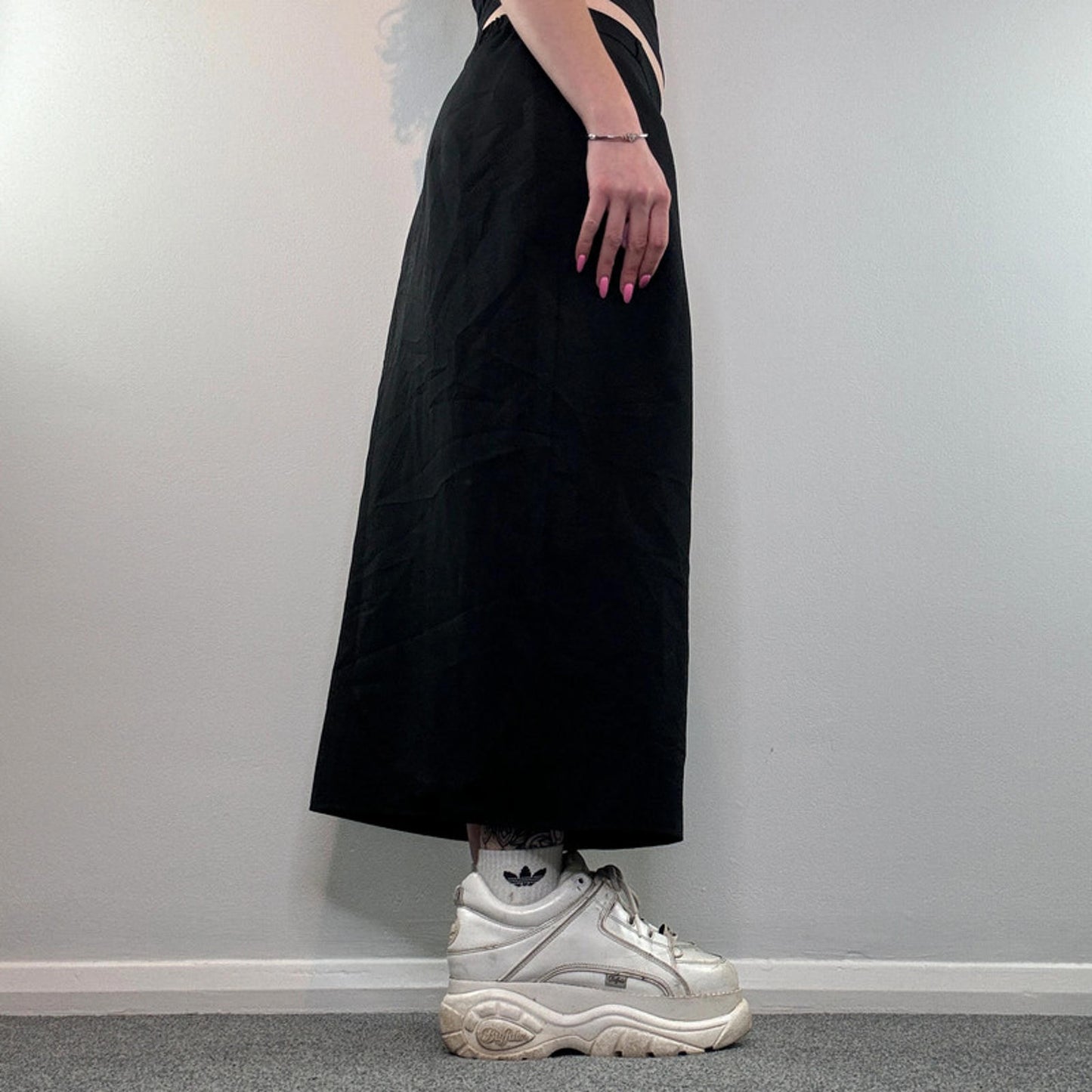 Y2K vintage rhinestone maxi skirt thigh side slit a line tailored black