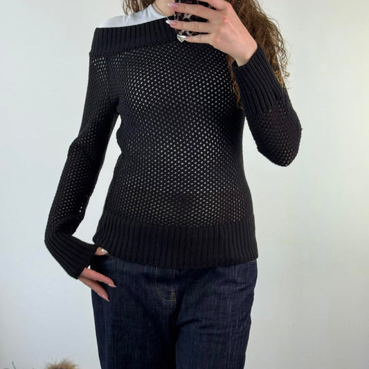 Y2K vintage perforated knitted sheer jumper open neck black