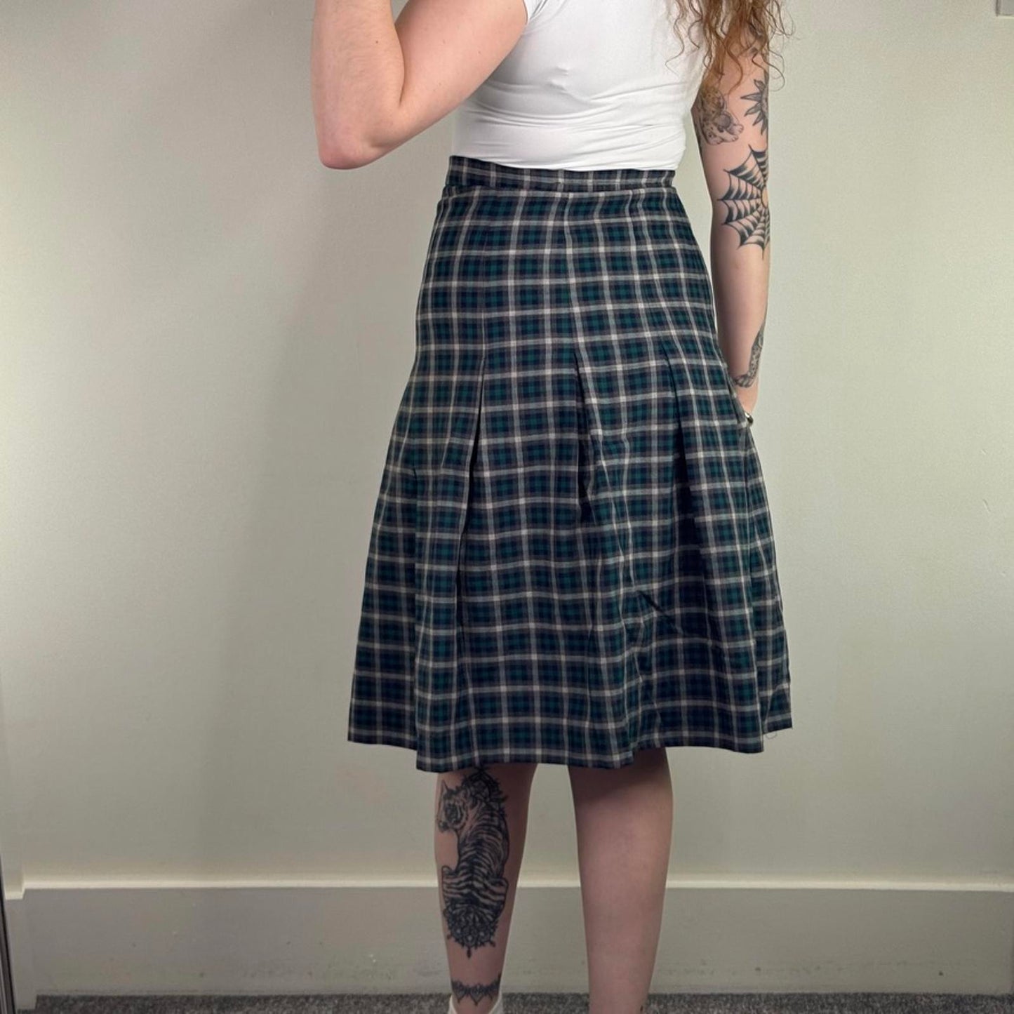 Y2K vintage 100% wool check tartan midi skirt a line lined blue green white