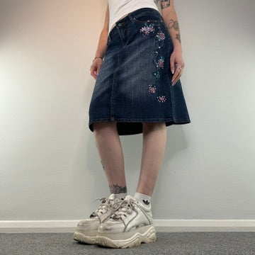 Y2K faded denim floral studded skirt