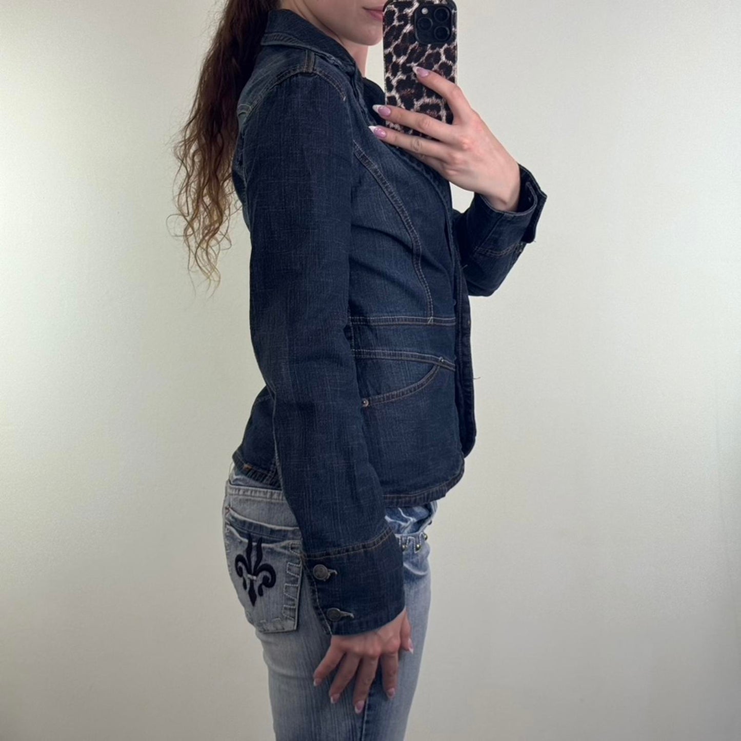 Y2K vintage fitted stretchy denim jacket button up faded wash buttons blazer