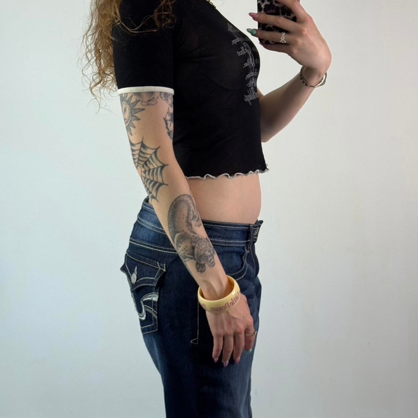 90s Y2K vintage mesh short sleeve crop top graphic print lettuce hem ringer text