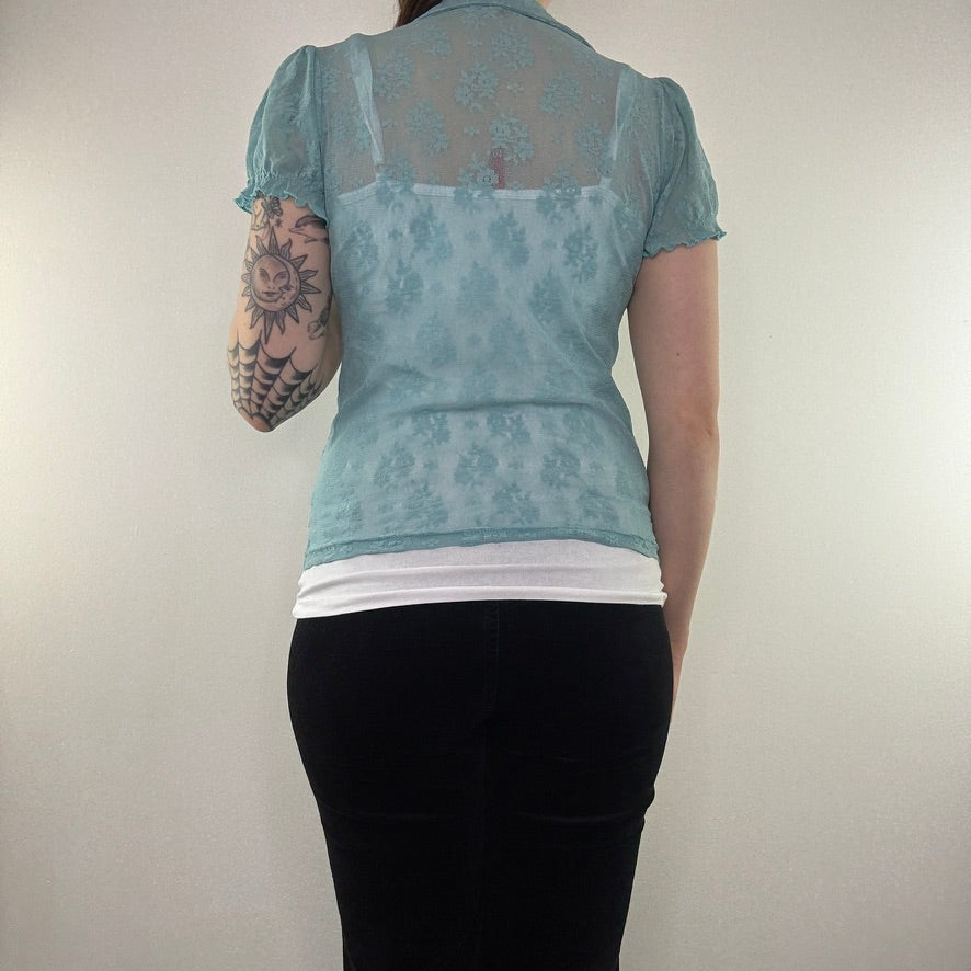 Y2K vintage lace shirt button up coquette turquoise floral frilly