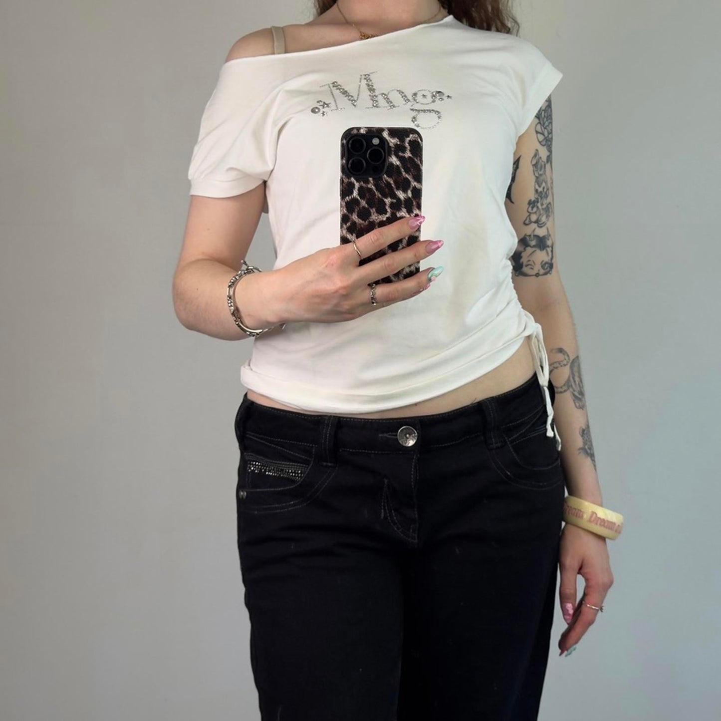Y2K vintage slouchy off the shoulder studded star top ruched sided raw neckline