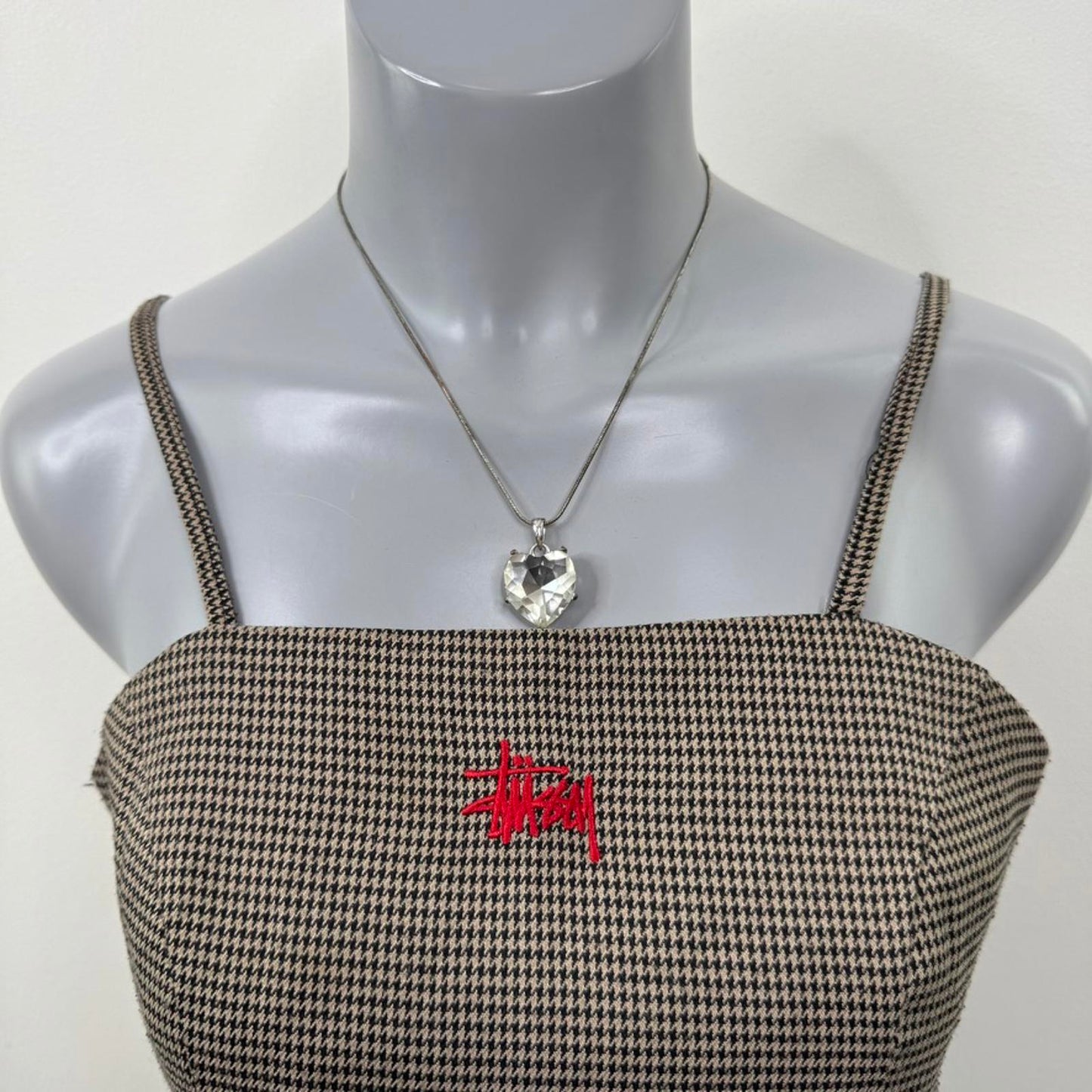 Stussy houndstooth crop top strappy spaghetti straps logo o ring zip up