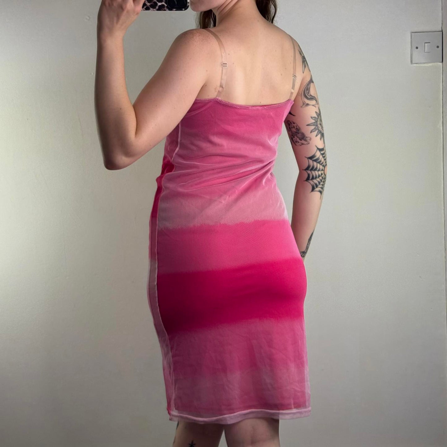 Y2K vintage ombre mesh overlay midi dress clear straps straight neck stripe pink