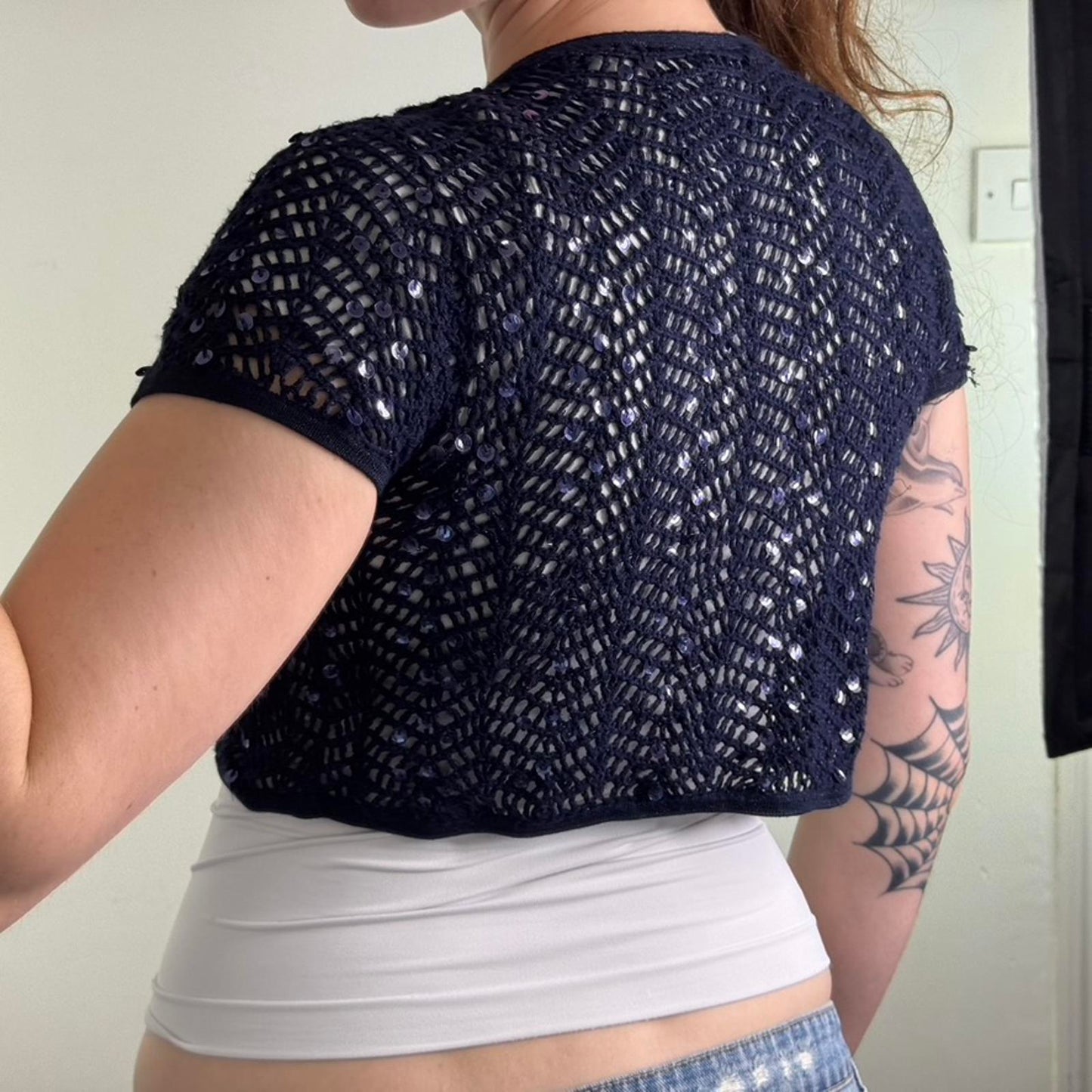 Y2K vintage crochet knit cropped cardigan short sleeve sequin tie bow front