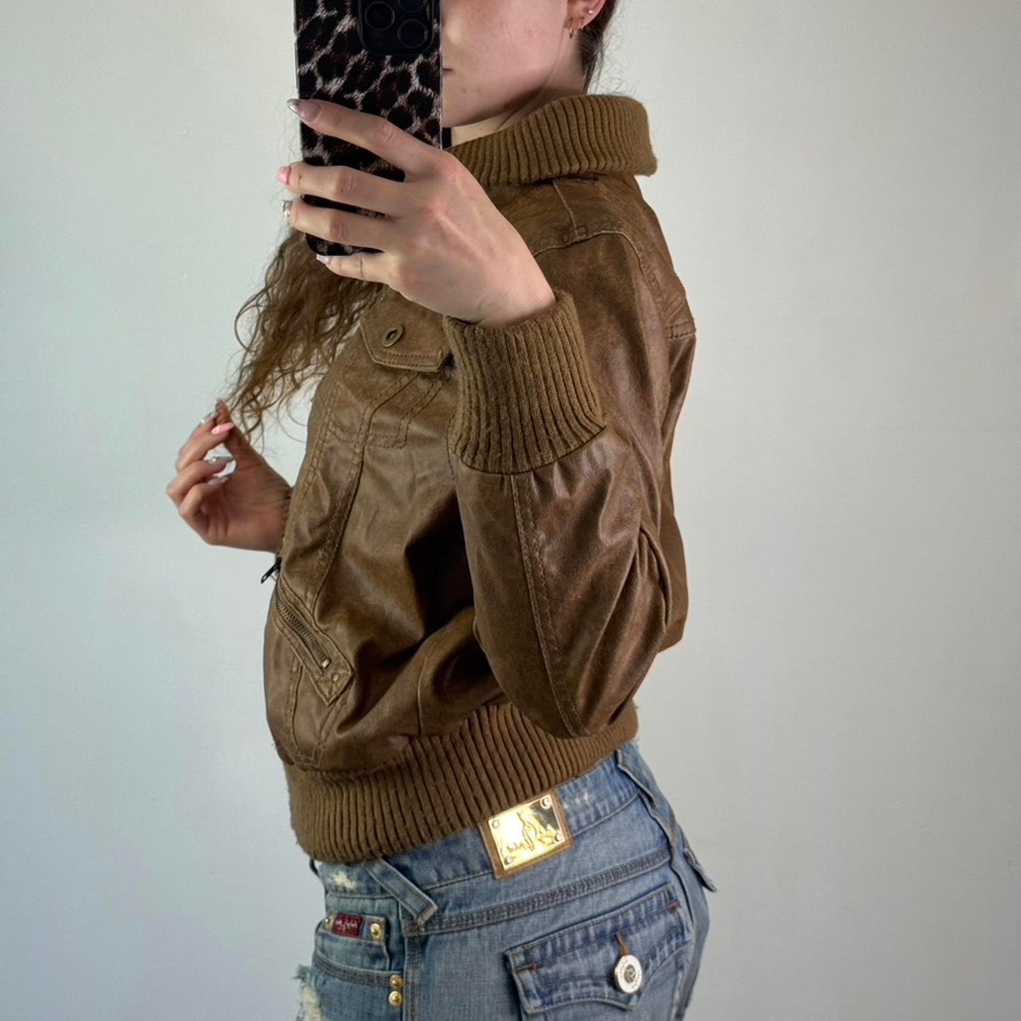 Y2K vintage faux leather bomber zip up jacket short slight crop utility archive