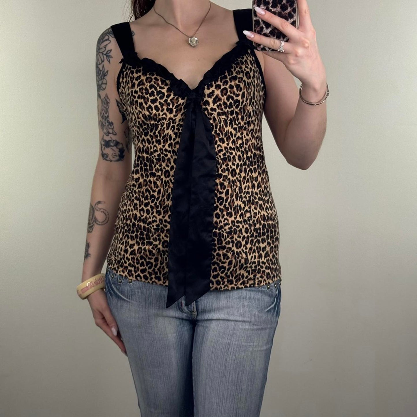 Y2K vintage leopard cami top oversize bow tank print ruffle bust v neck
