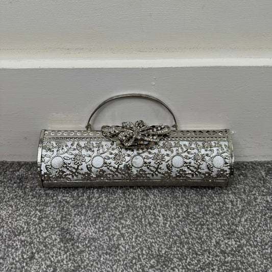 Silver tone ornate metal evening clutch bag with handle baguette long small
