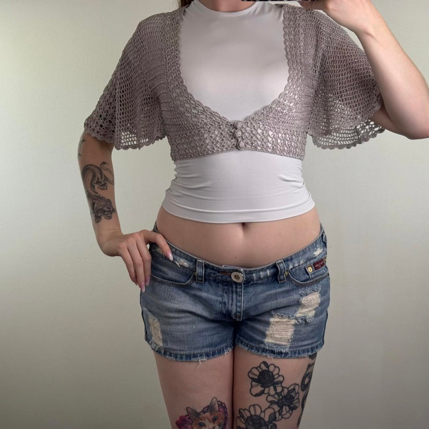 Y2K vintage crochet batwing short sleeve cardigan cropped fitted open bust