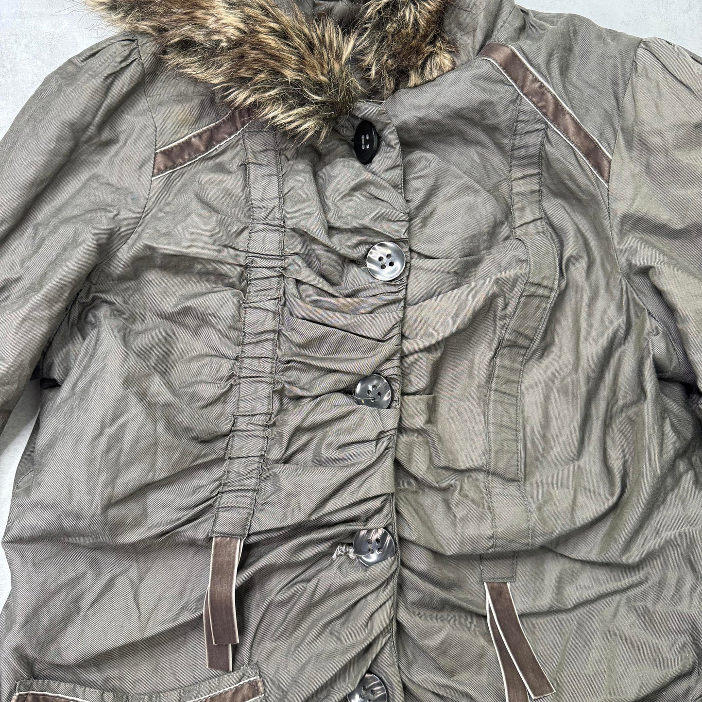 Y2K vintage parka coat ruched bow faux fur hood button up coquette brown velvet