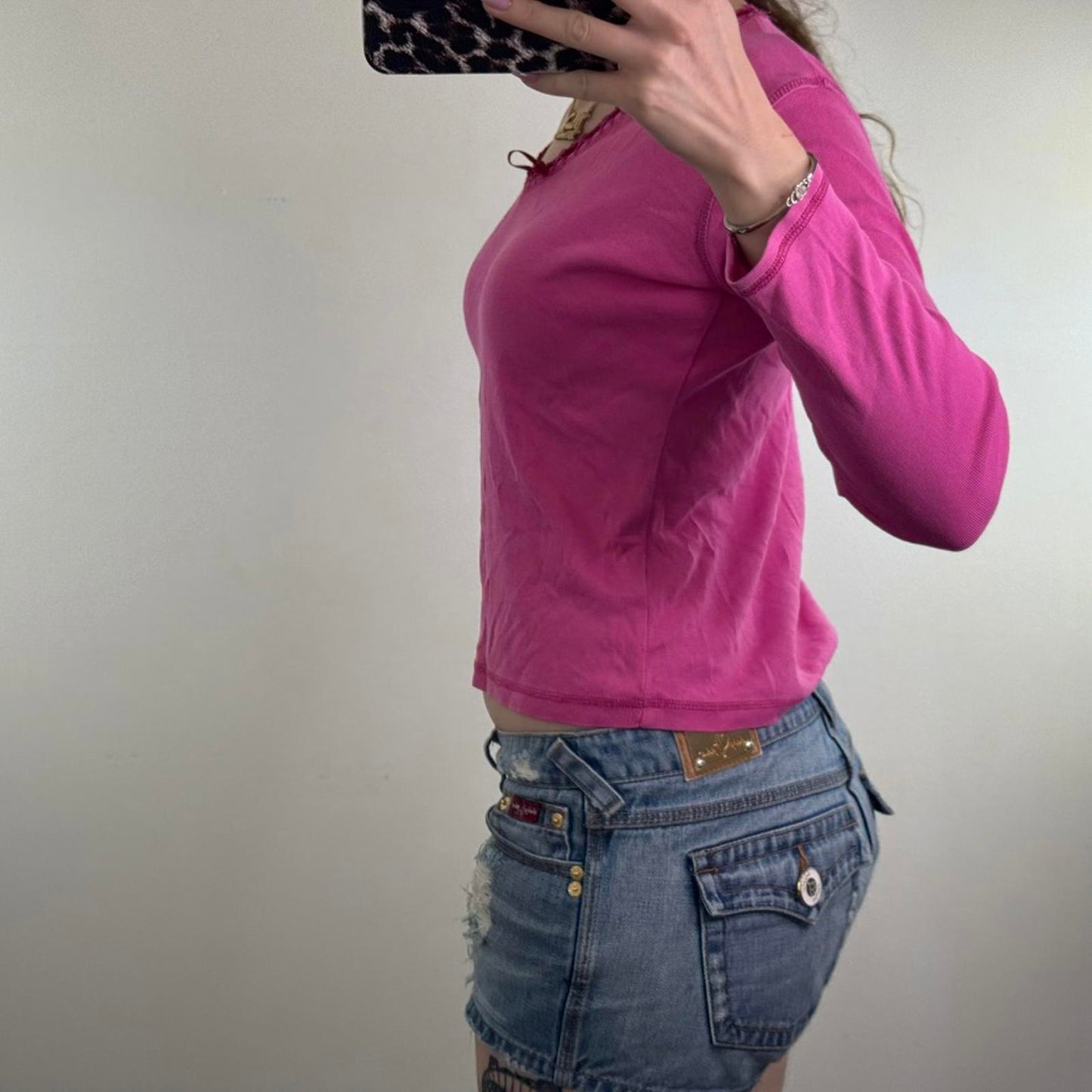 Y2K vintage long sleeve top pink v neck bow ribbon basic staple