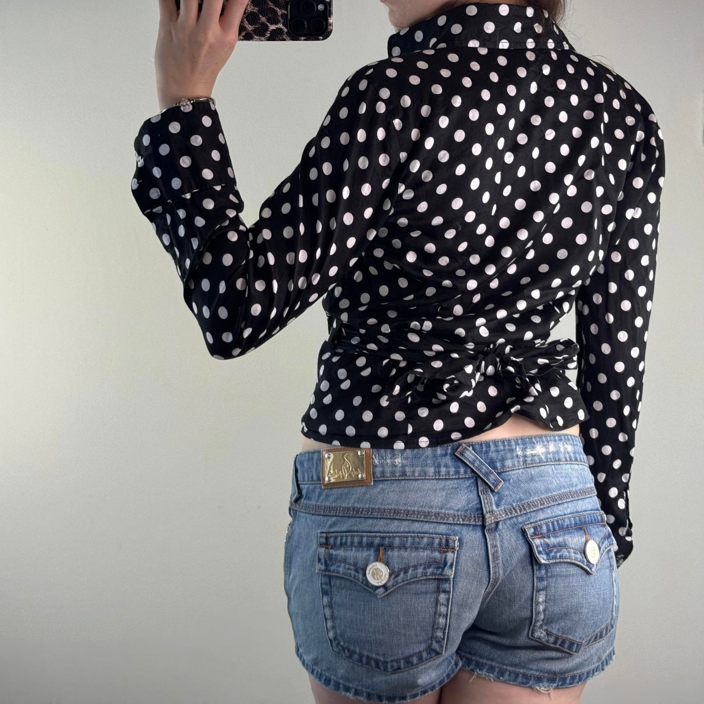 Y2K vintage polka dot wrap around long sleeve shirt v neck bow spotty