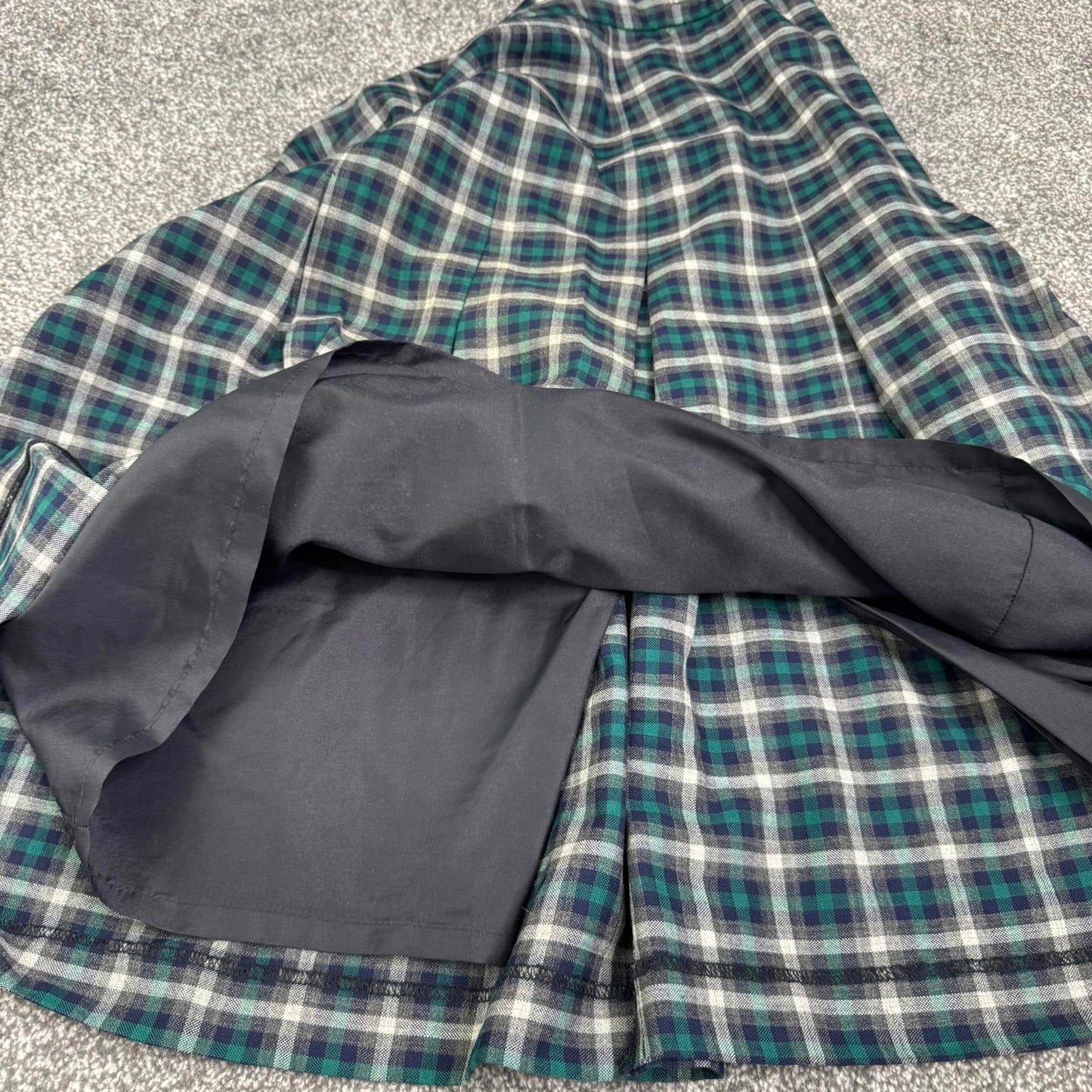 Y2K vintage 100% wool check tartan midi skirt a line lined blue green white