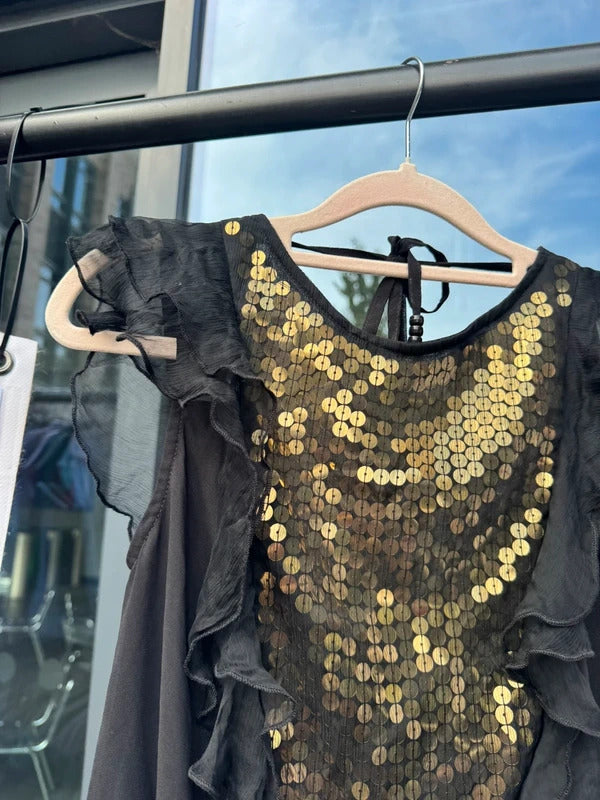 Y2K vintage sequin ruffle top gold black sleeveless blouse sheer