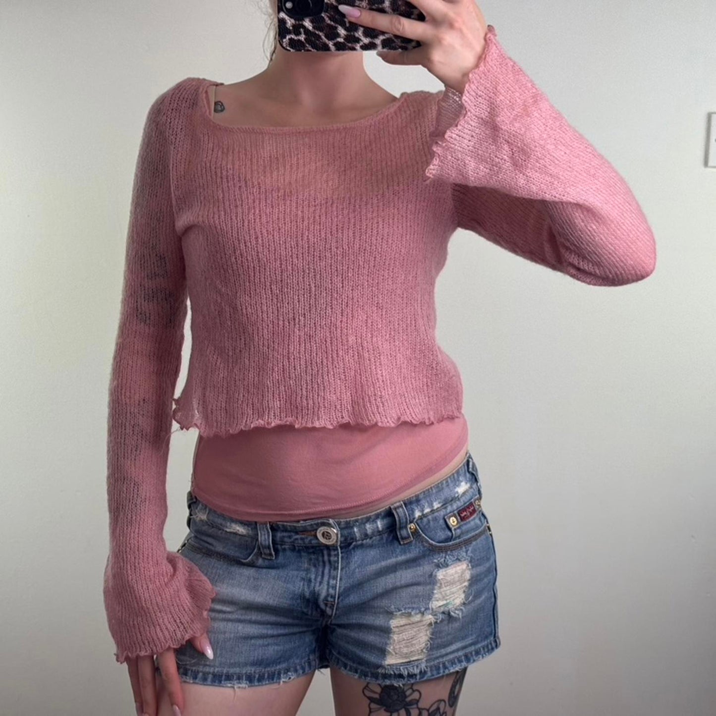 Y2K vintage Mohair blend double layered knit jumper flare sleeve lettuce hem