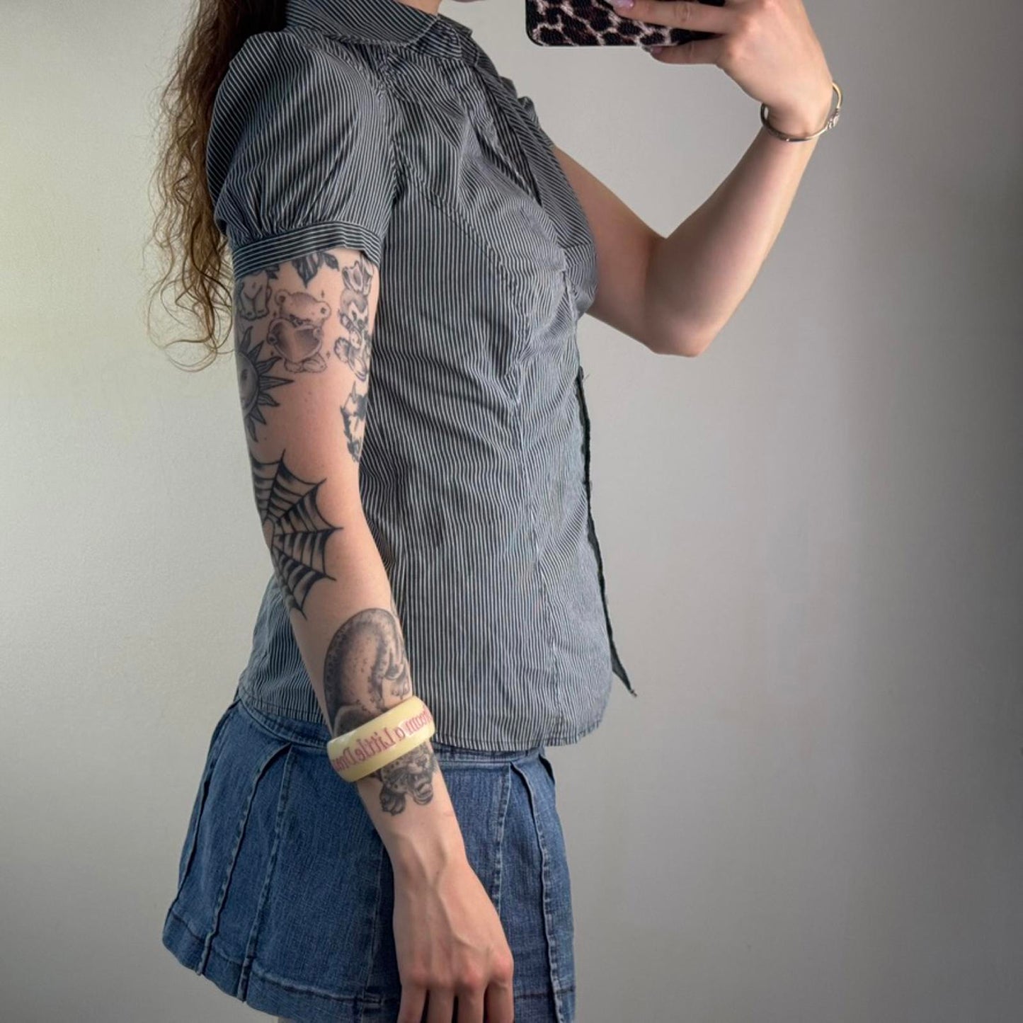 Y2K vintage pinstripe button up short sleeve blouse v neck ruched shirt