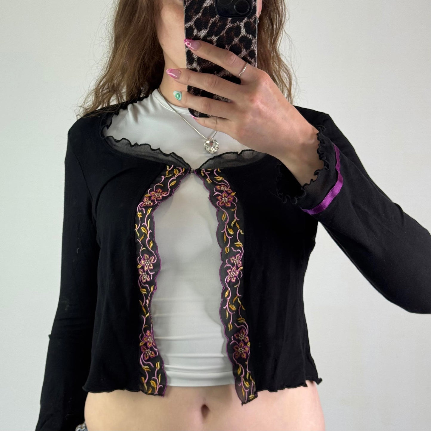 Y2K vintage floral trim cardigan hook and eye open front lettuce hem long sleeve