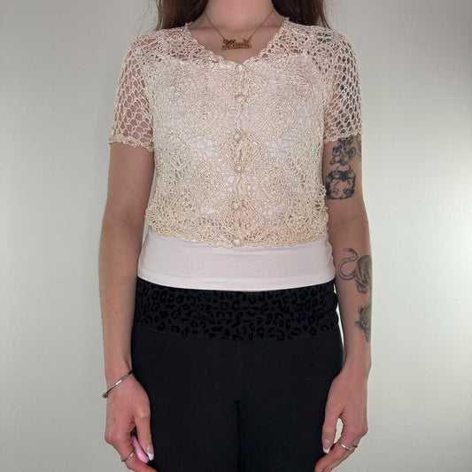 Y2K crochet button up short sleeve top