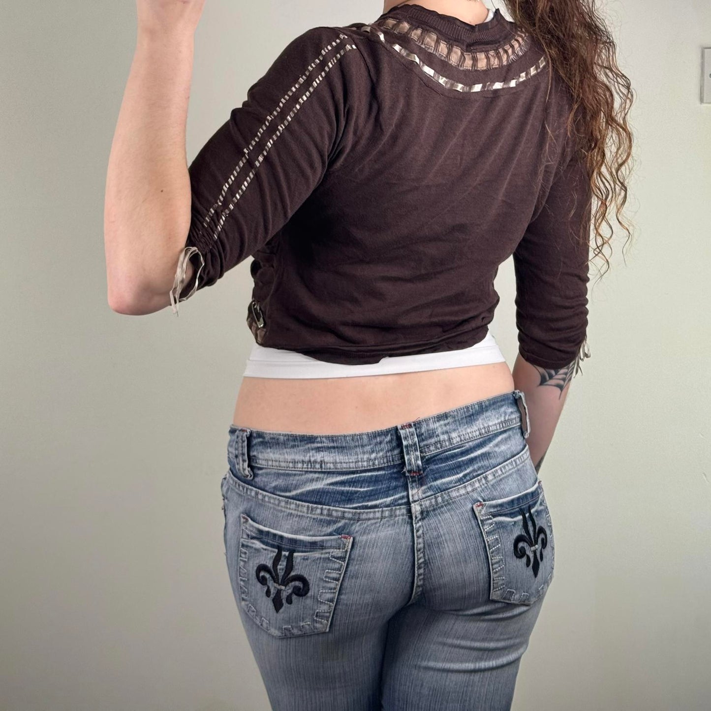 Y2K vintage Karen Millen cropped cardigan 3/4 sleeve ribbon floral embroidered