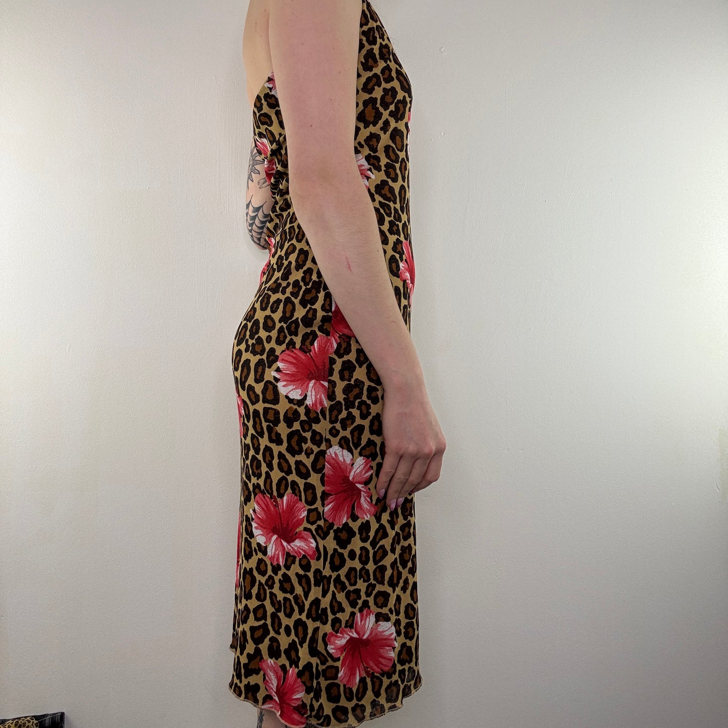 Y2K vintage leopard dress floral hibiscus print halter neck mesh midi dress