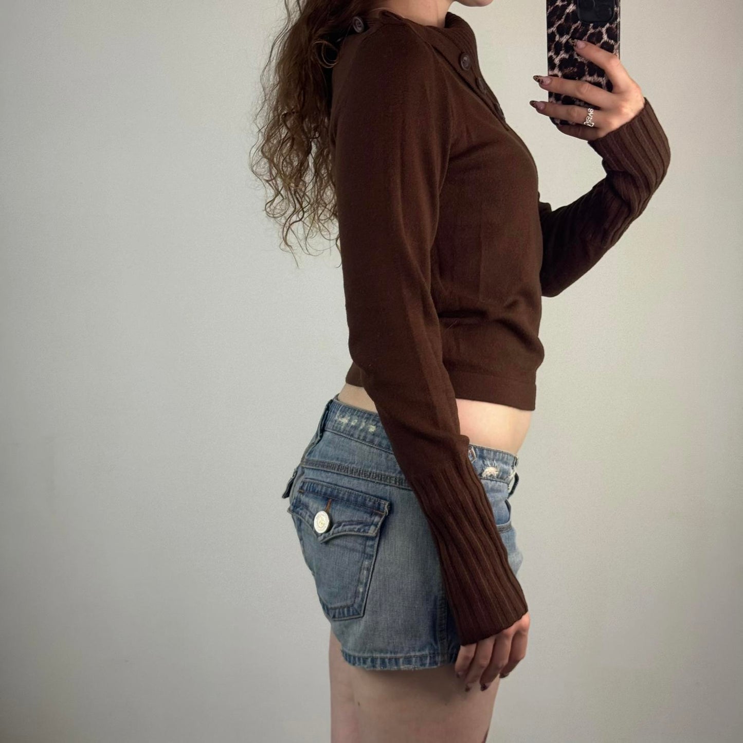 Y2K vintage fine knit roll neck jumper lightweight buttons ribbed brown