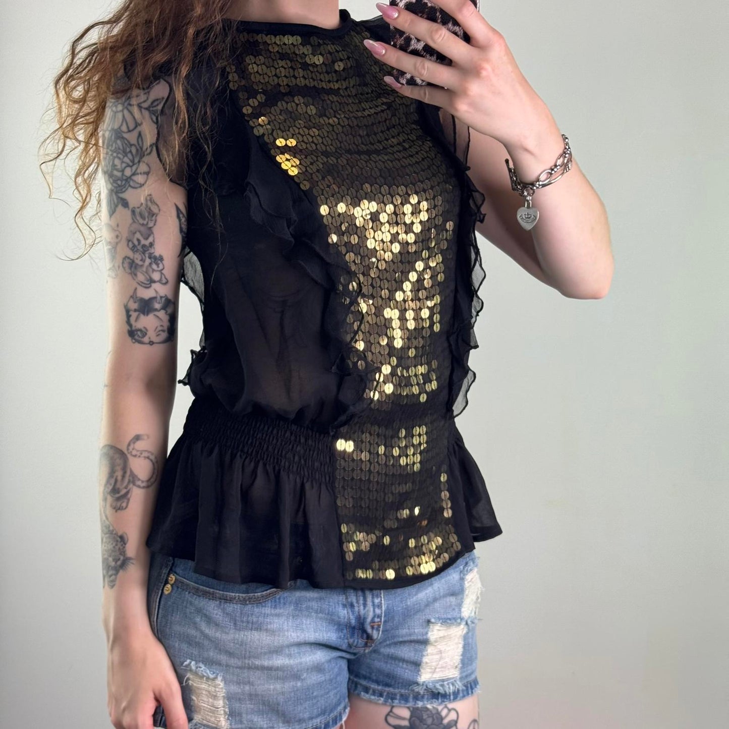 Y2K vintage sheer sequin top frill gold embellished open back bow black party