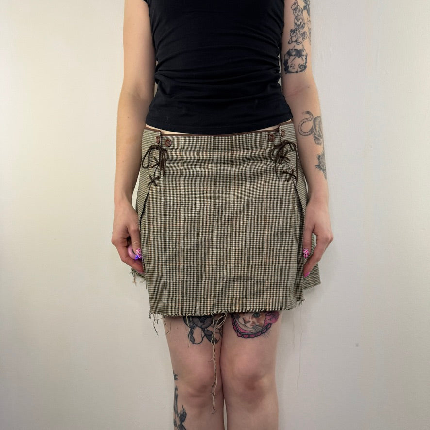 Y2K vintage houndstooth lace up mini skirt