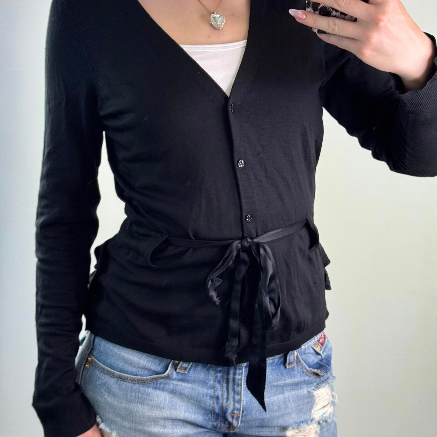 Y2K vintage part silk button up fine knit cardigan ruffle bow v neck archive