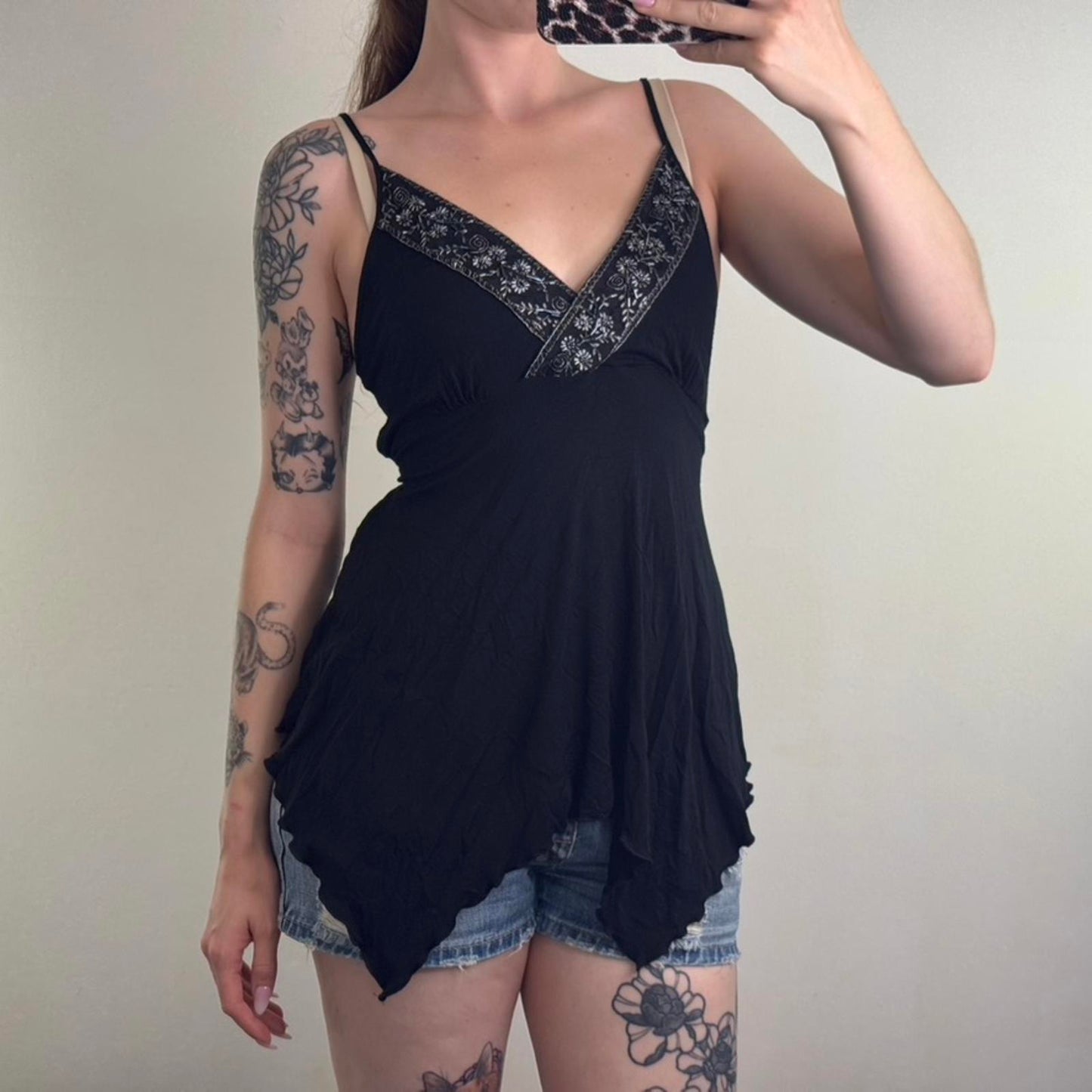 Y2K vintage flowy cami top floral beaded ruched tie back bow ruffle strappy