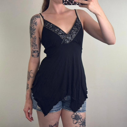 Y2K vintage flowy cami top floral beaded ruched tie back bow ruffle strappy