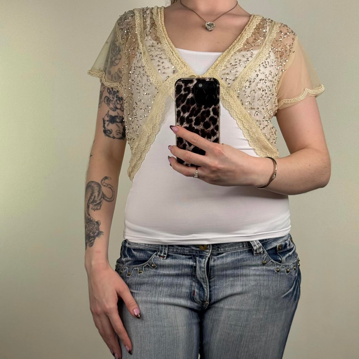 Y2K vintage mesh cardigan sheer short sleeve bow sequin beaded coquette lace