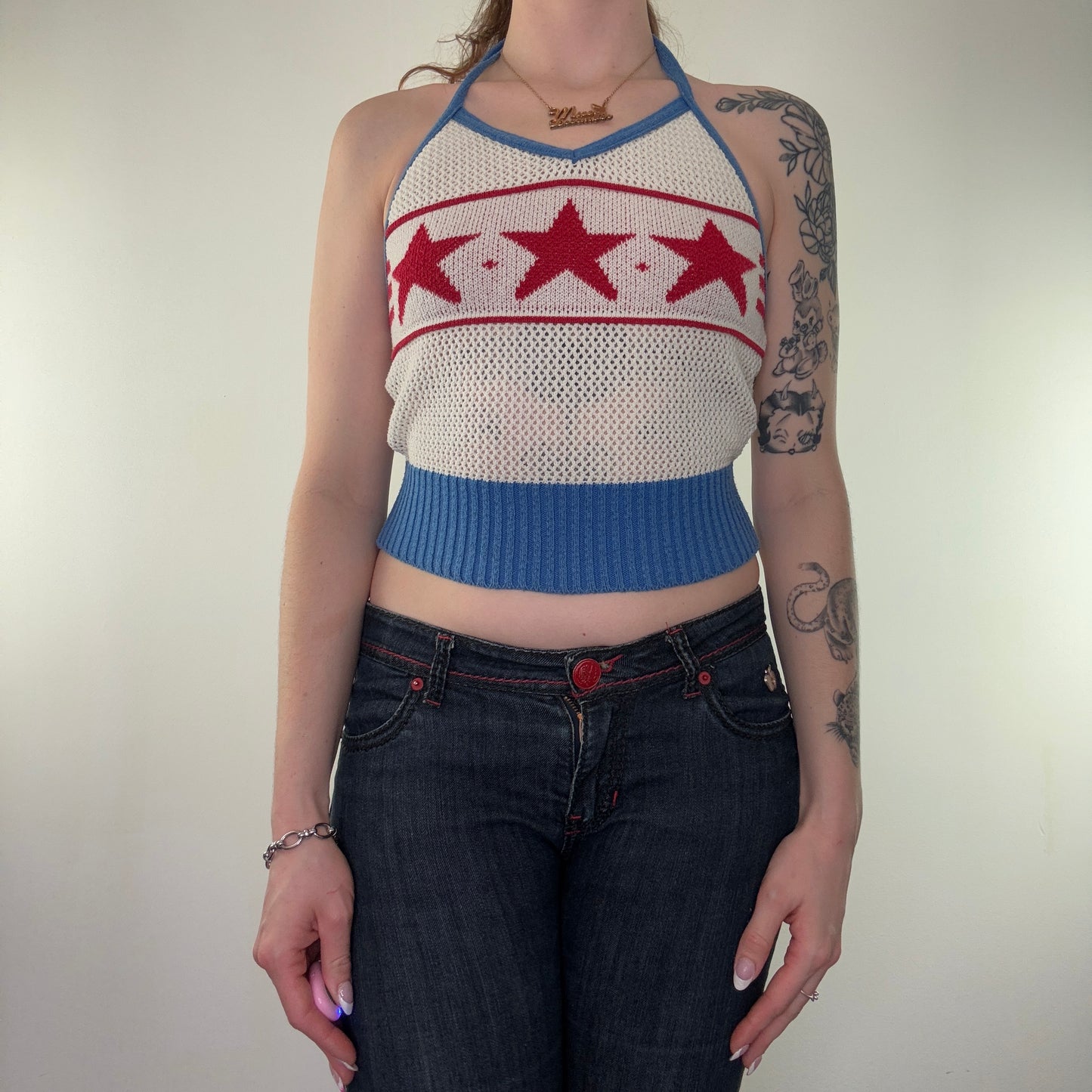 Y2K vintage star knit halter neck crop top