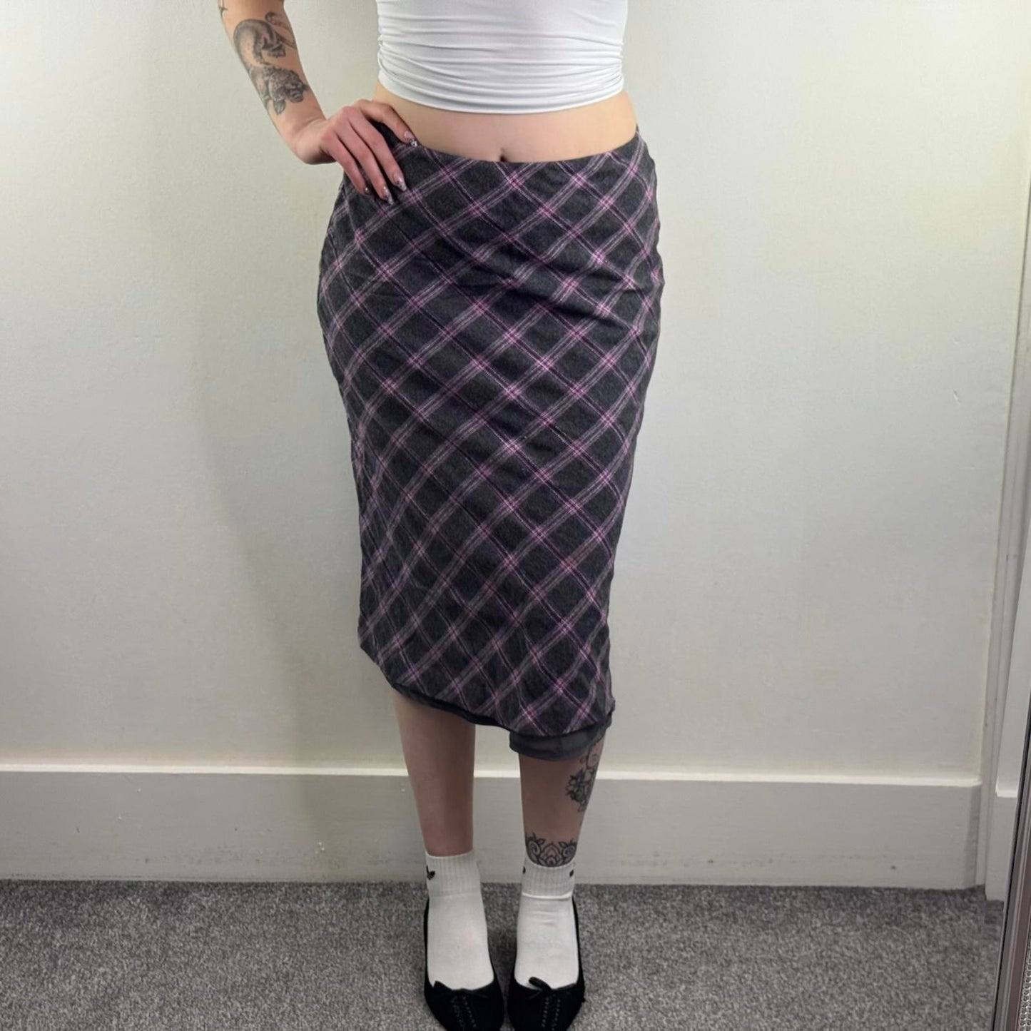 Y2K vintage wool blend tartan midi skirt a line purple grey preppy