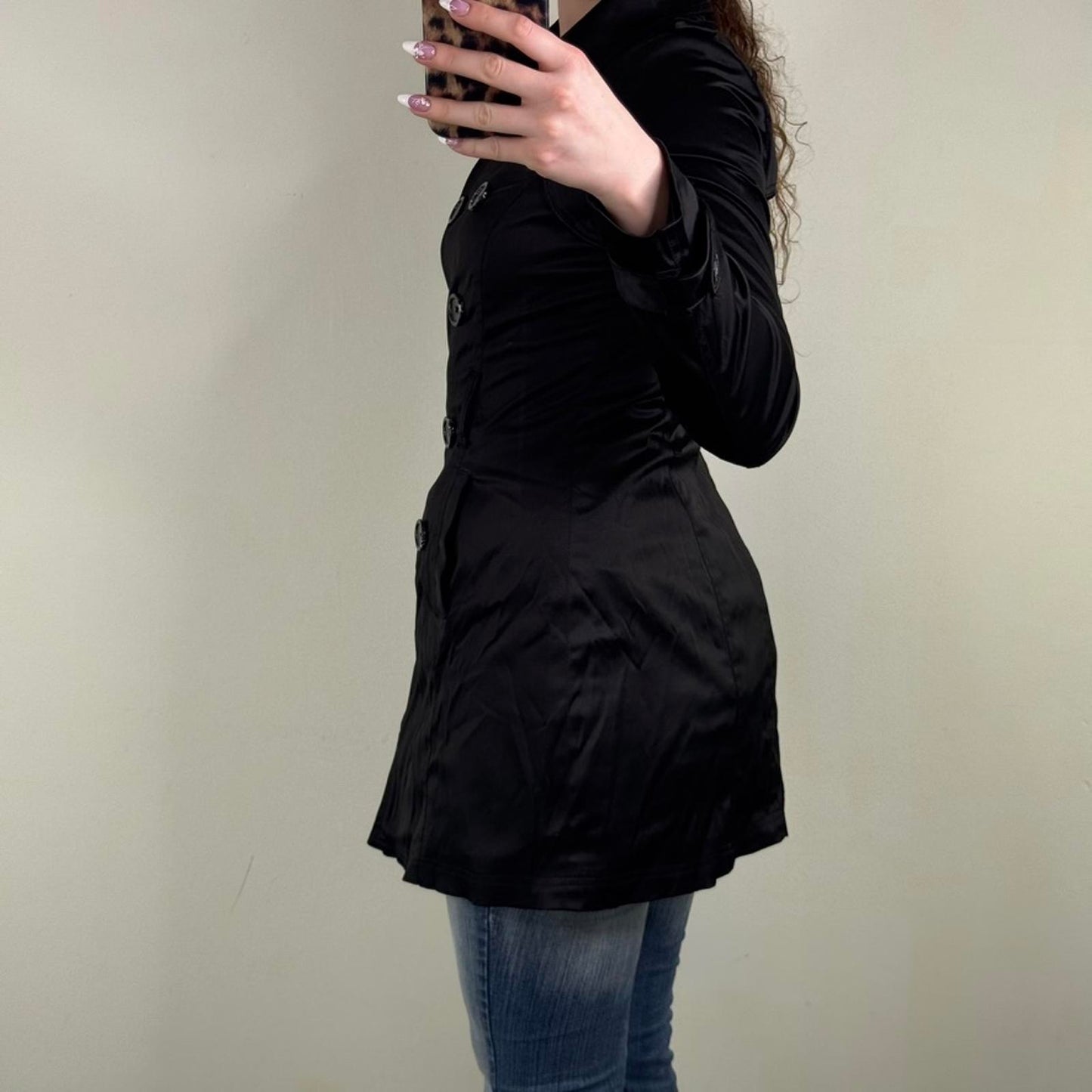 Vintage Jane Norman trench jacket short black satin button up double breasted