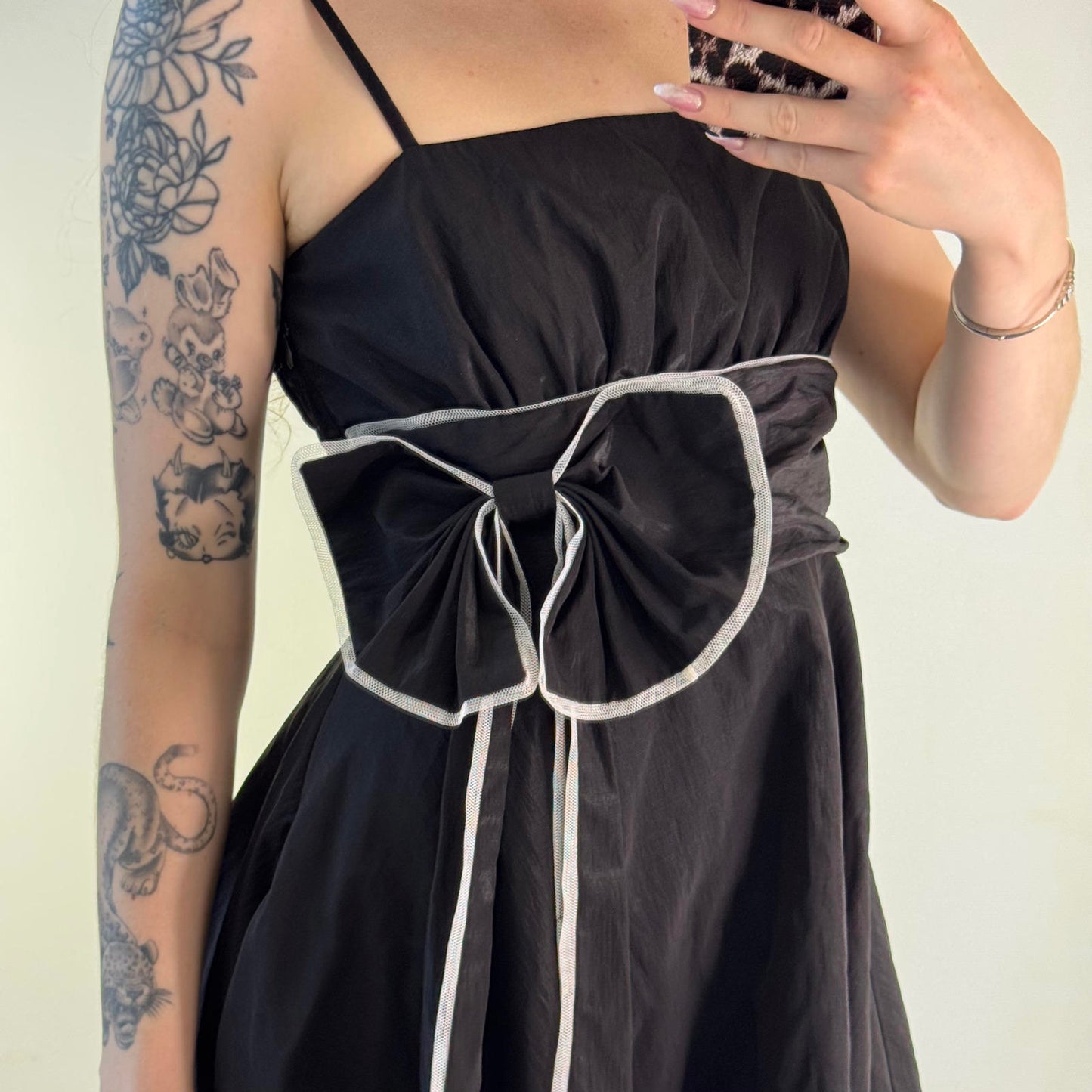 Y2K vintage a line midi dress oversized bow strappy ruched bust black white