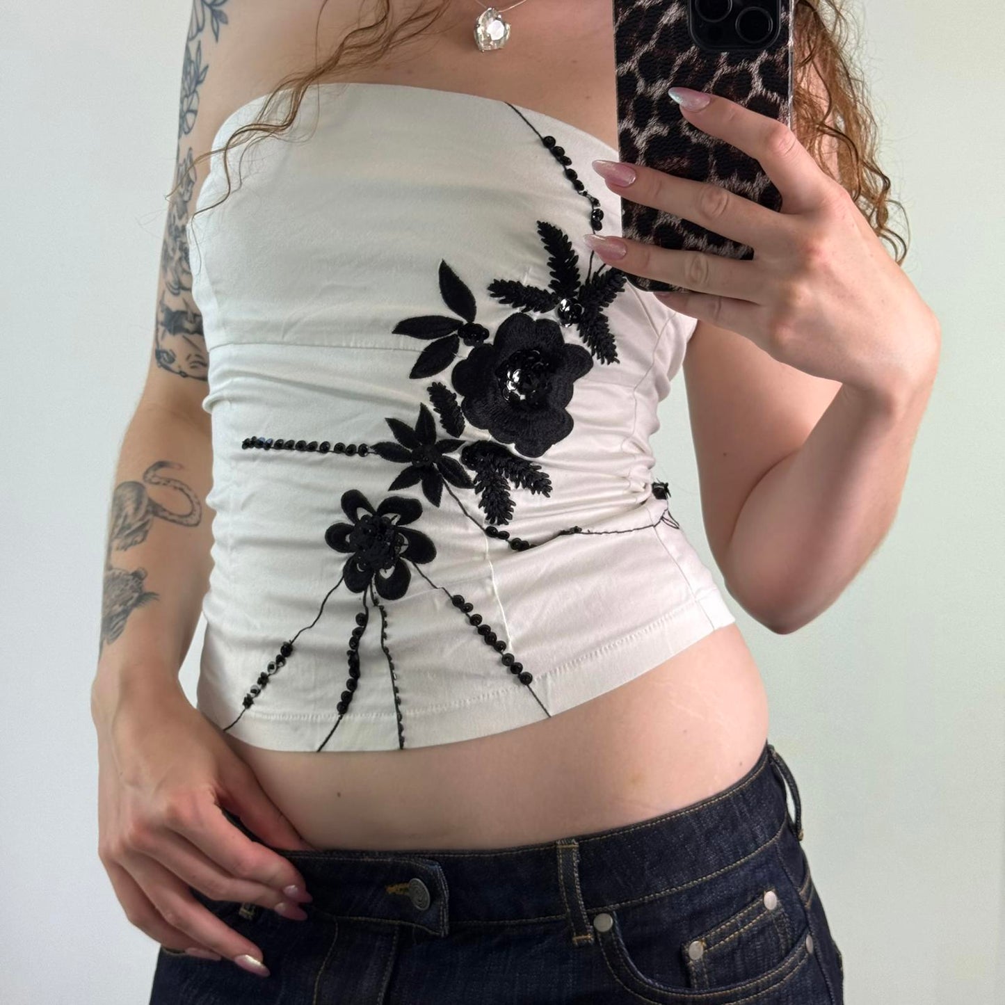 Y2K vintage Jane Norman strapless stretchy fitted top white black floral sequins