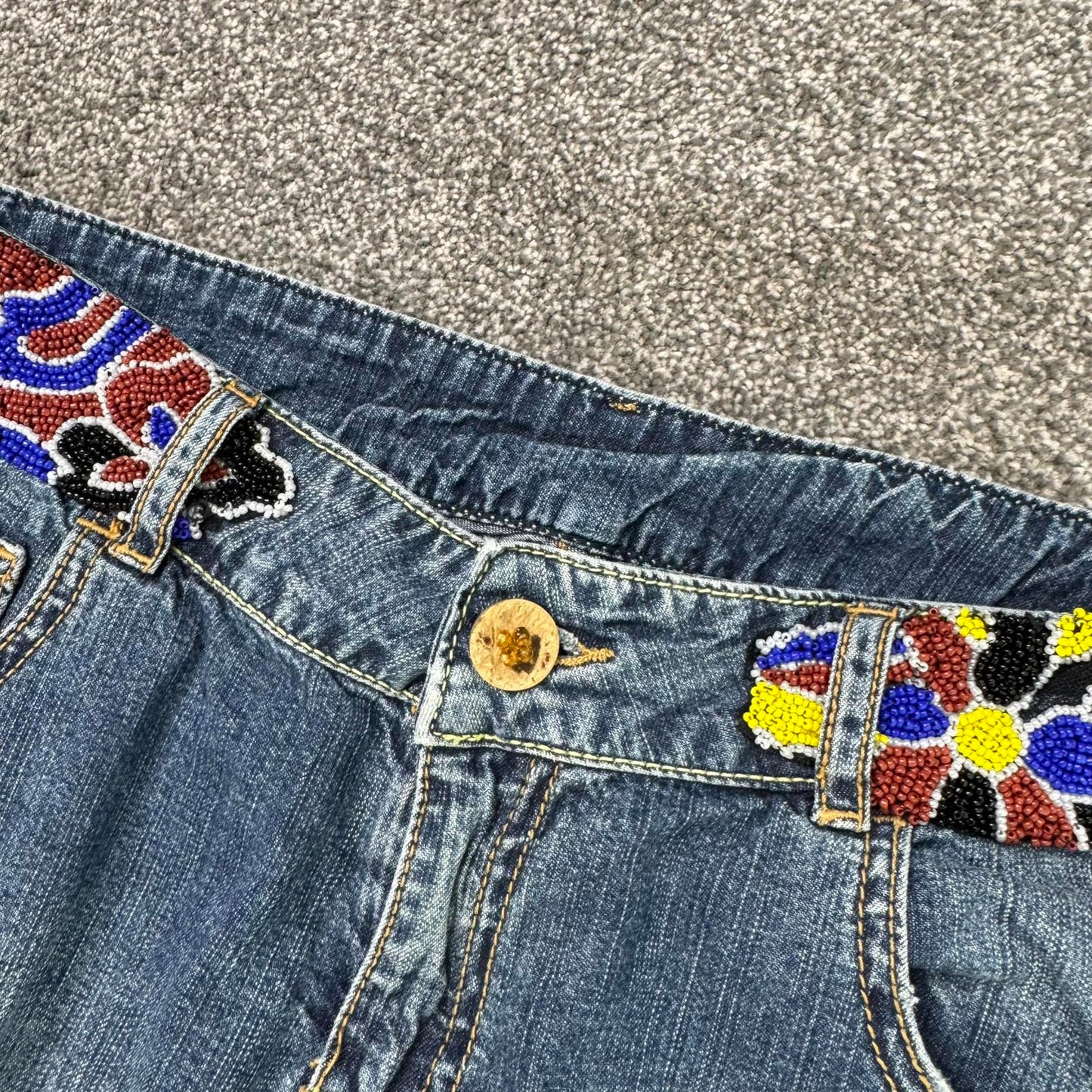 Y2K vintage low rise capri jeans baggy beaded embellished waistband cargo jorts