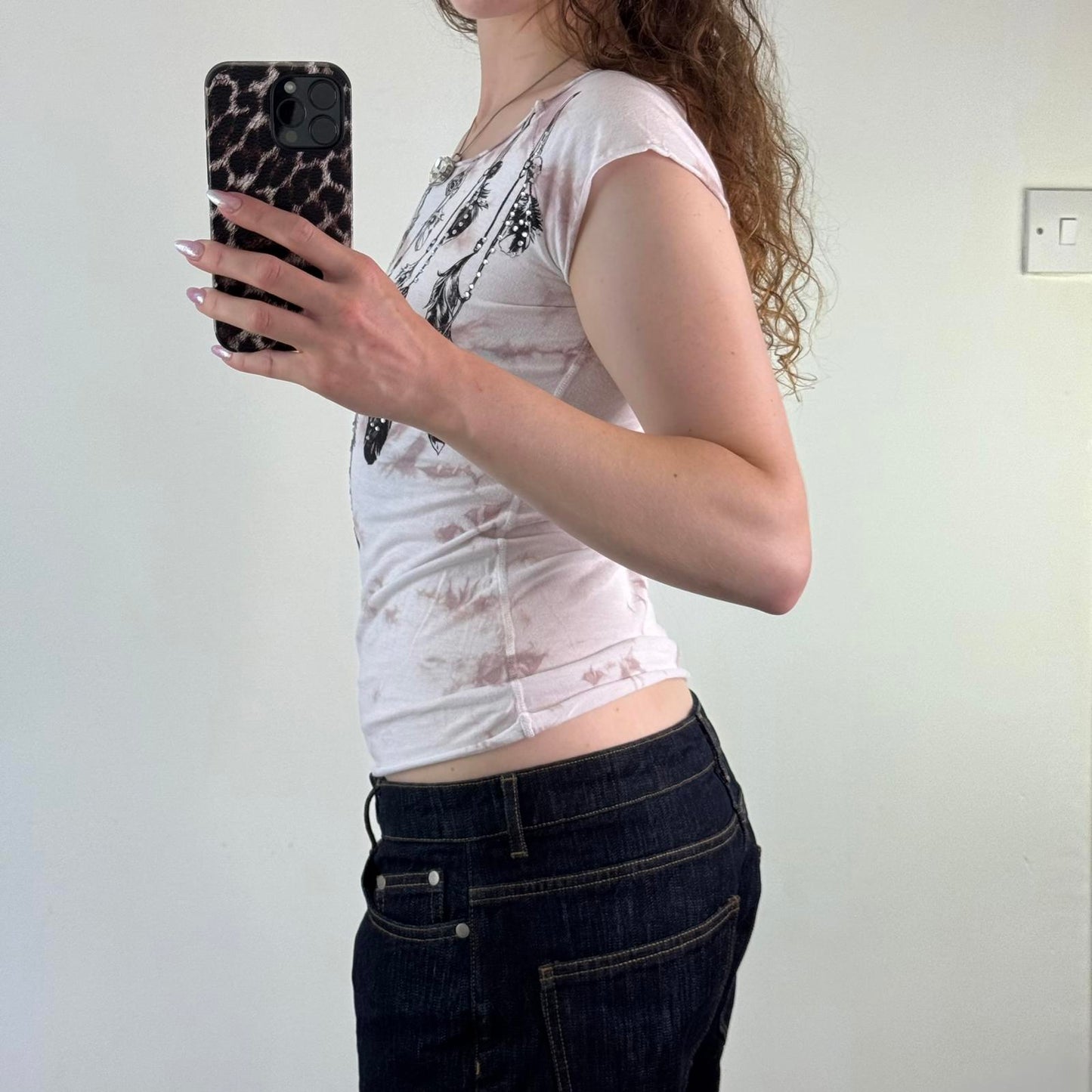 Y2K vintage feather rhinestone tie dye open neck top off the shoulder 2010s