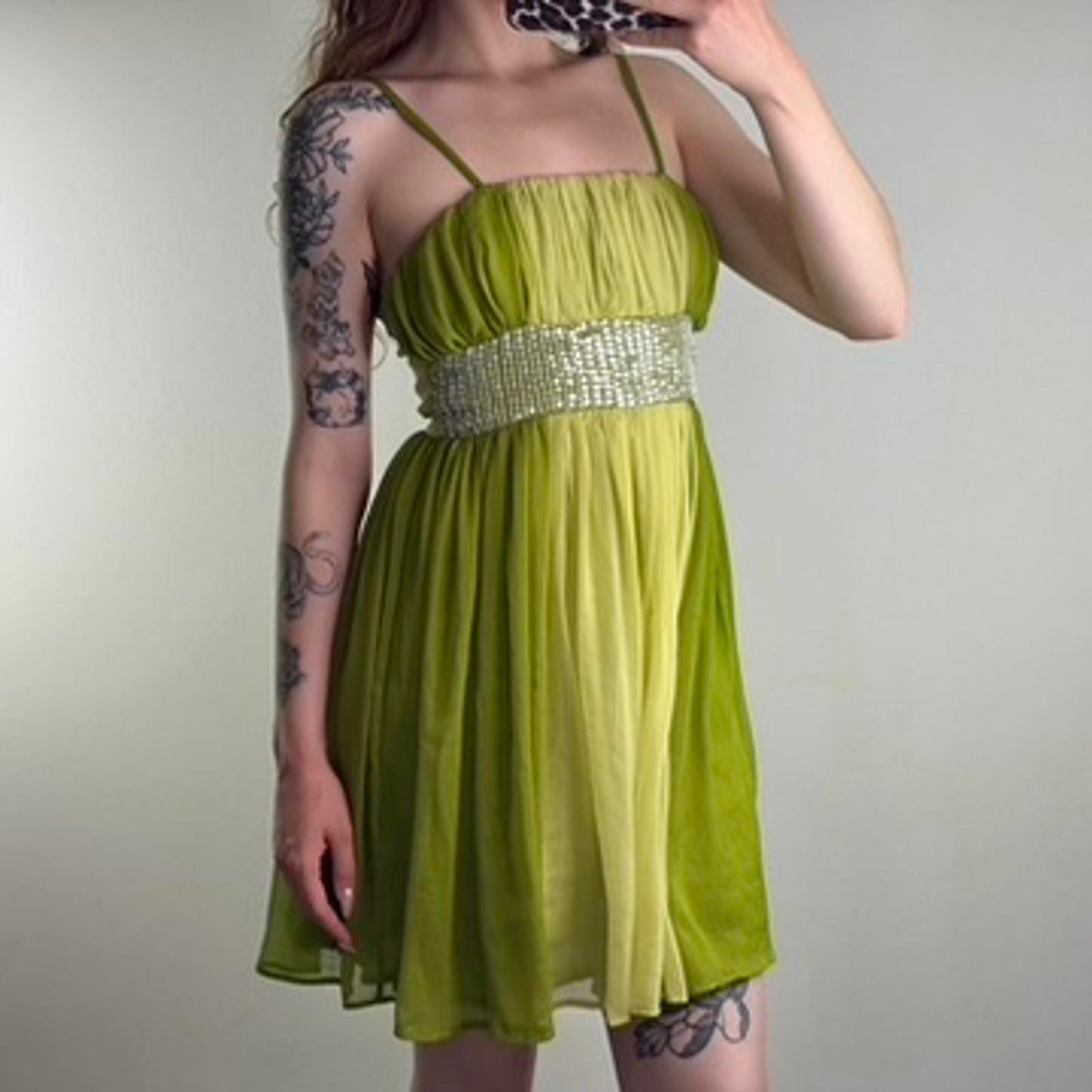 Y2K vintage green ombre sequin mini dress floaty a line ruched strappy