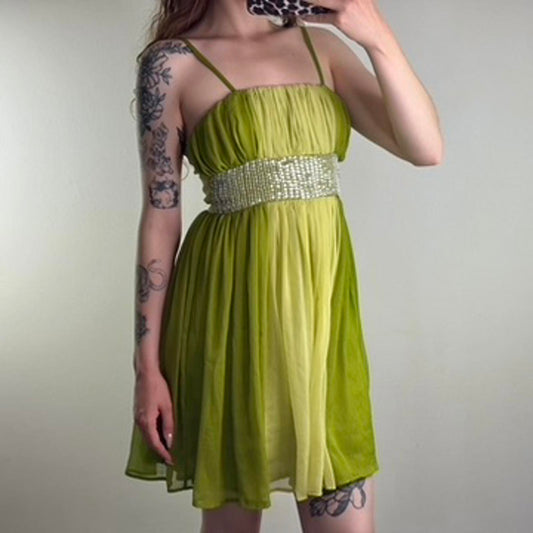 Y2K vintage green ombre sequin mini dress floaty a line ruched strappy
