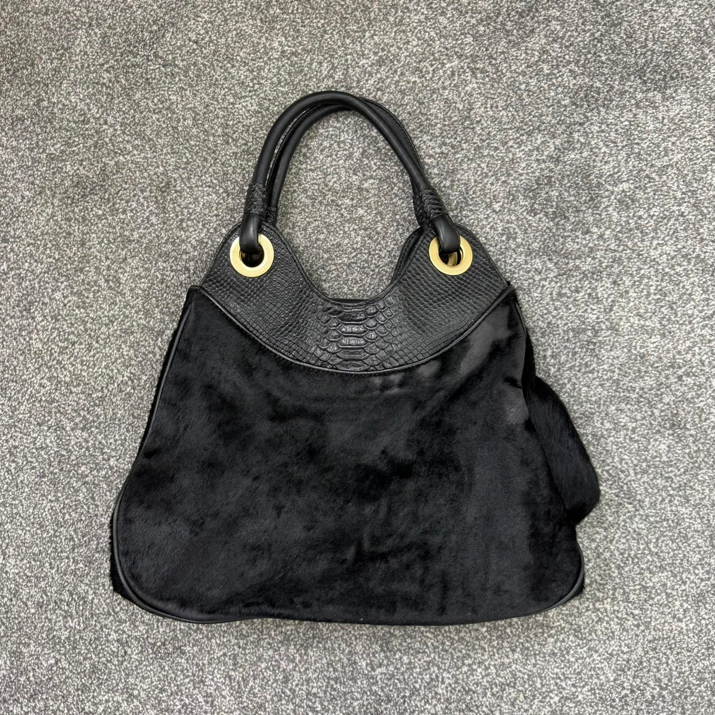 Y2K vintage genuine pony fur leather shoulder bag handbag croc print black gold