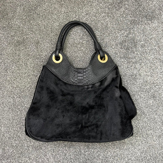 Y2K vintage genuine pony fur leather shoulder bag handbag croc print black gold