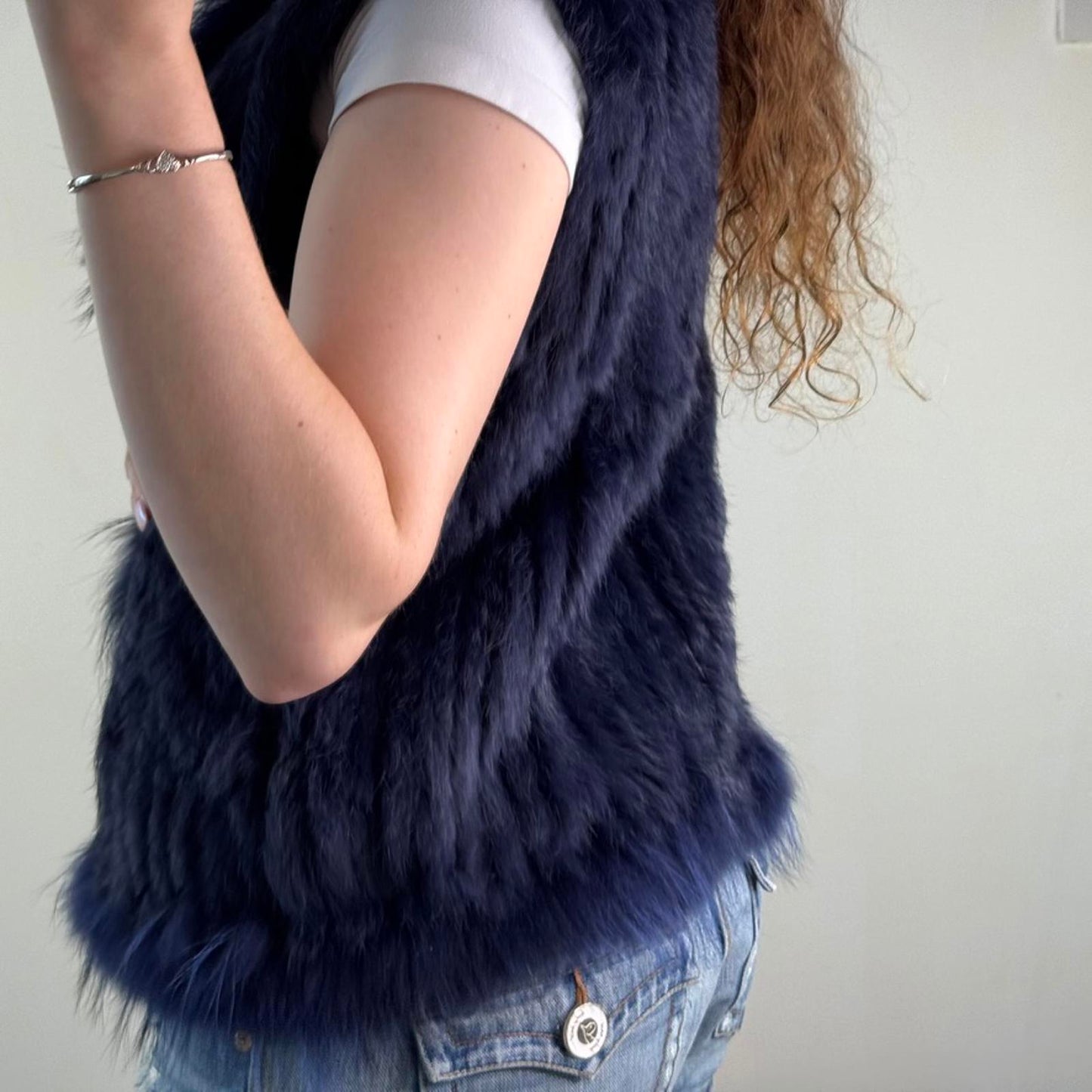 Genuine fur rabbit/ raccoon sleeveless jacket gilet v neck blue