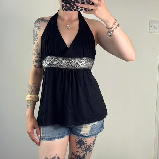 Y2K vintage halter neck top floral bust trim sequin rhinestone tie bow stretchy