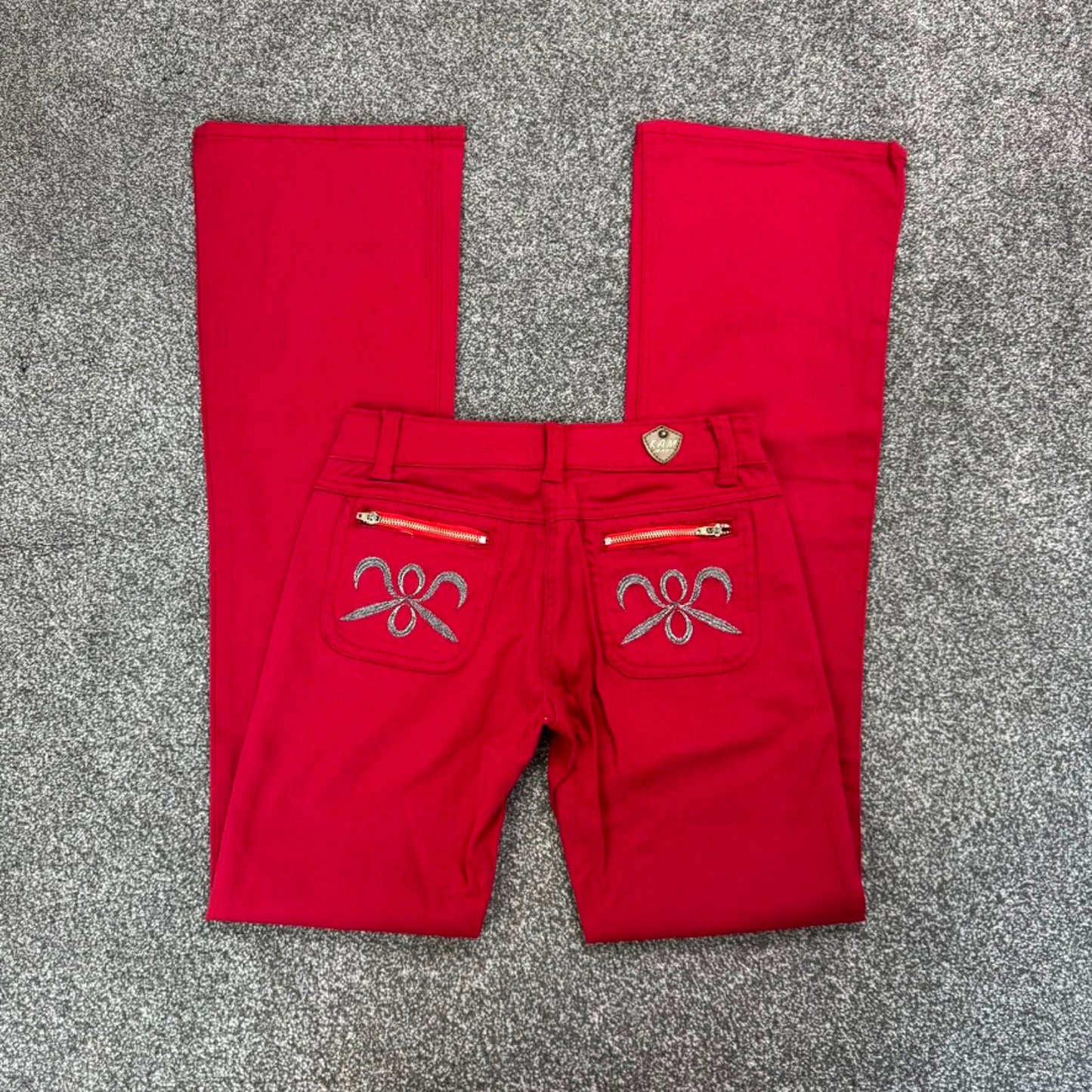 Y2K vintage low rise stretch bootcut jeans embroidered pockets bright red zipper