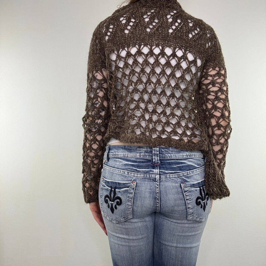 Y2K vintage crochet cardigan ruffle asymmetrical archive waterfall open front