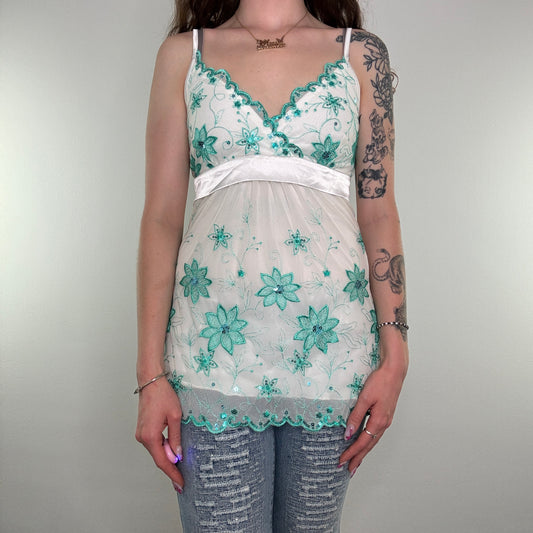 Y2K vintage floral mesh bow floaty cami top