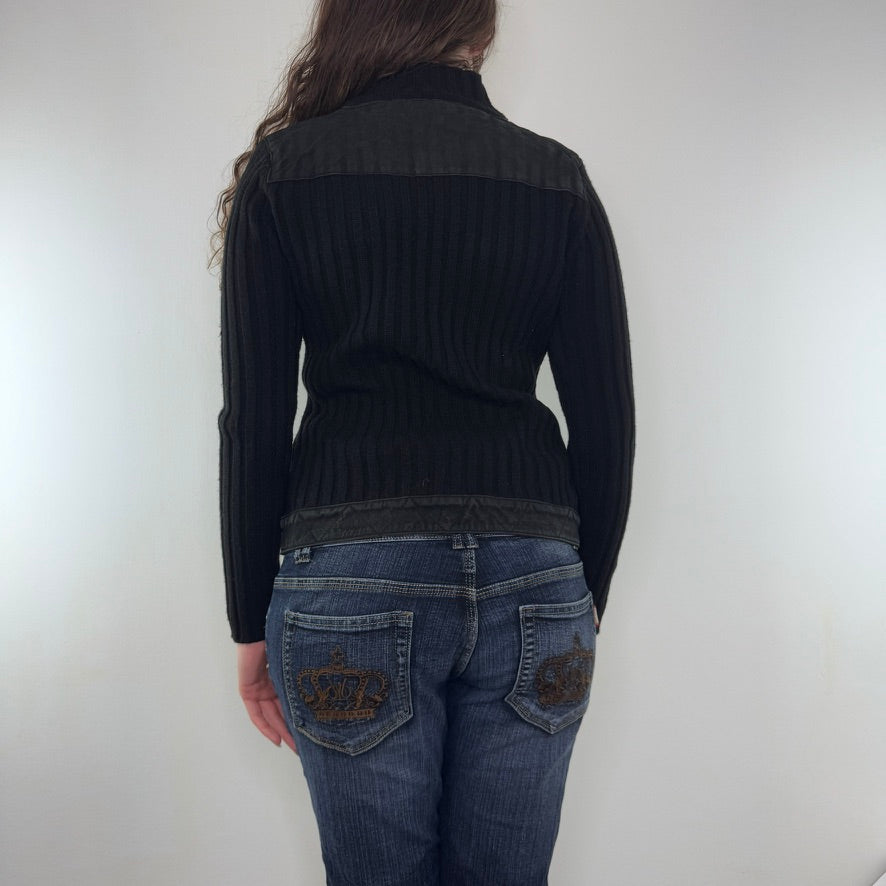 Y2K vintage ribbed knit suede zip up jumper